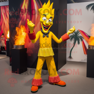 Yellow Fire Eater mascot costume character dressed with a Skinny Jeans and Handbags