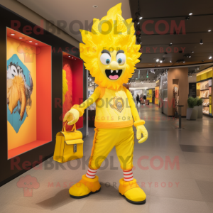 Yellow Fire Eater mascot costume character dressed with a Skinny Jeans and Handbags