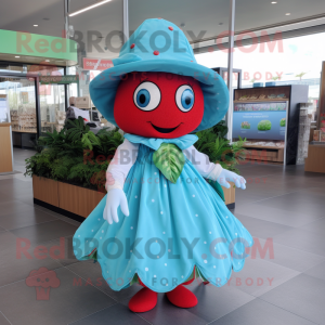 Turquoise Strawberry mascot costume character dressed with a Wrap Skirt and Hat pins