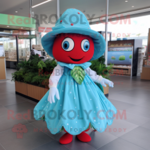 Turquoise Strawberry mascot costume character dressed with a Wrap Skirt and Hat pins