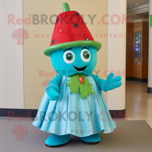 Turquoise Strawberry mascot costume character dressed with a Wrap Skirt and Hat pins