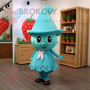 Turquoise Strawberry mascot costume character dressed with a Wrap Skirt and Hat pins