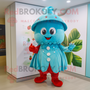 Turquoise Strawberry mascot costume character dressed with a Wrap Skirt and Hat pins
