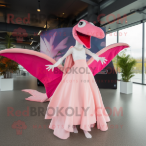 Pink Pterodactyl mascot costume character dressed with a Wedding Dress and Clutch bags