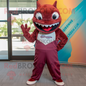 Maroon Barracuda mascot costume character dressed with a Romper and Bow ties