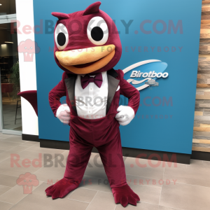 Maroon Barracuda mascot costume character dressed with a Romper and Bow ties