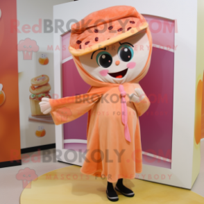 Peach Pizza Slice mascot costume character dressed with a Culottes and Scarves