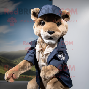 Navy Mountain Lion mascot costume character dressed with a Chinos and Caps