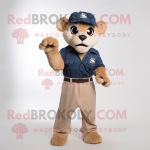 Navy Mountain Lion mascot costume character dressed with a Chinos and Caps