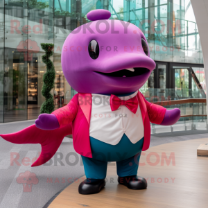 Magenta Whale mascot costume character dressed with a Henley Shirt and Bow ties