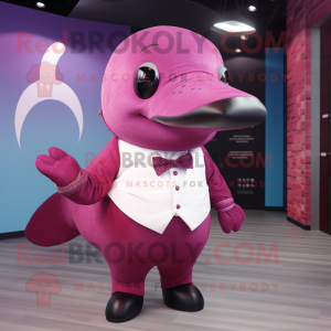 Magenta Whale mascot costume character dressed with a Henley Shirt and Bow ties