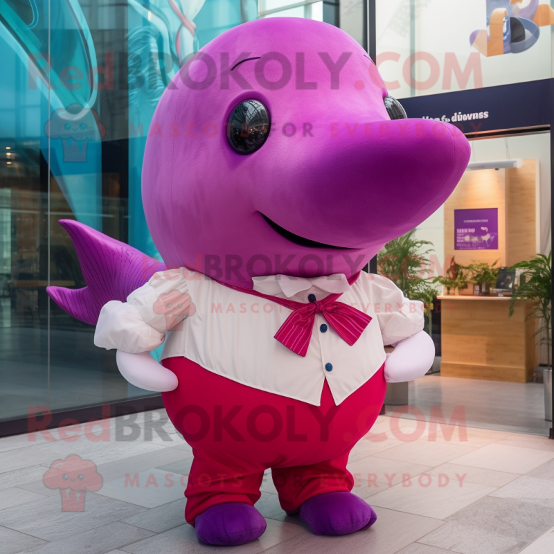 Magenta Whale mascot costume character dressed with a Henley Shirt and Bow ties