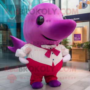 Magenta Whale mascot costume character dressed with a Henley Shirt and Bow ties