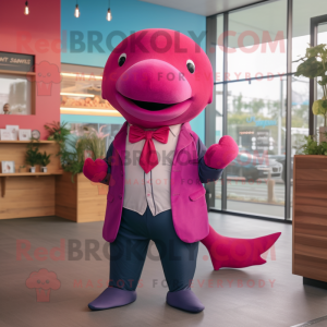 Magenta Whale mascot costume character dressed with a Henley Shirt and Bow ties