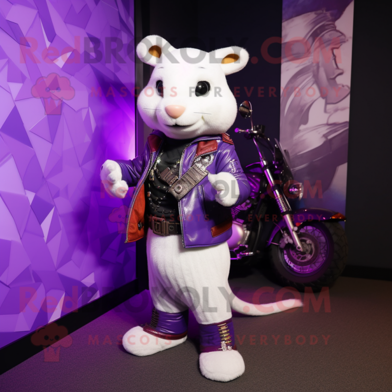 Purple Ermine mascot costume character dressed with a Biker Jacket and Cummerbunds