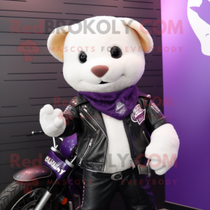 Purple Ermine mascot costume character dressed with a Biker Jacket and Cummerbunds