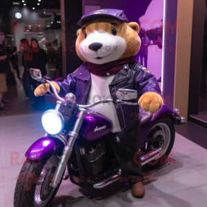 Purple Ermine mascot costume character dressed with a Biker Jacket and Cummerbunds