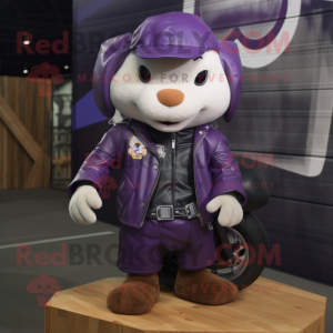 Purple Ermine mascot costume character dressed with a Biker Jacket and Cummerbunds