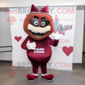 Maroon Heart mascot costume character dressed with a Bermuda Shorts and Headbands