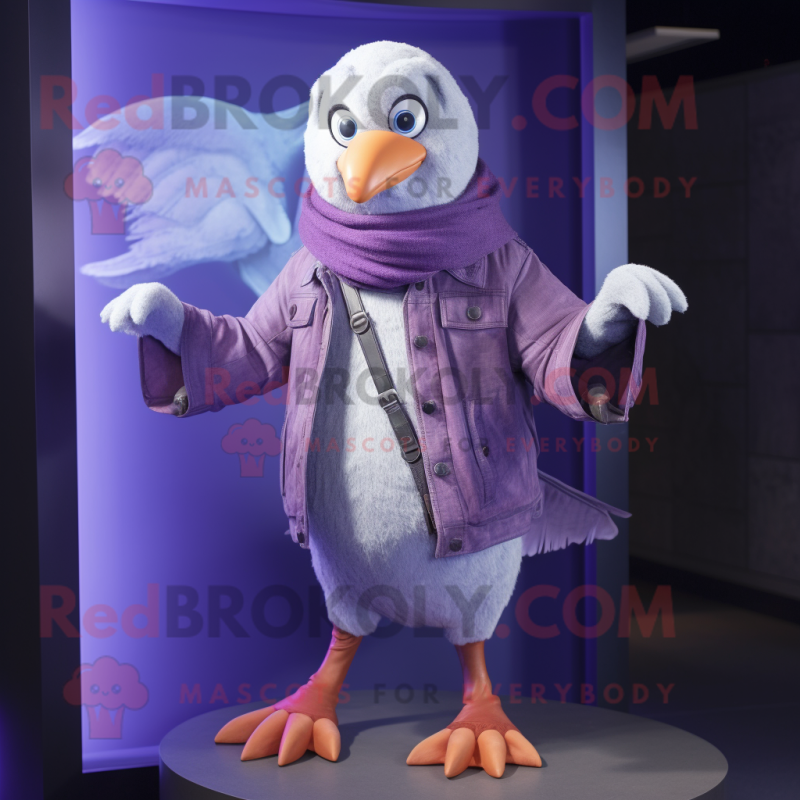 Purple Albatross mascot costume character dressed with a Jeans and Wraps