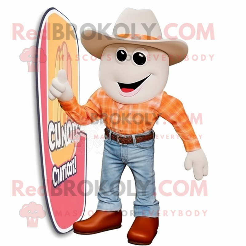 Peach Clam Chowder mascot costume character dressed with a Bootcut Jeans and Pocket squares