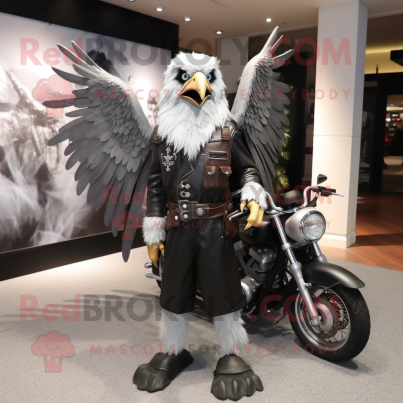 Silver Harpy mascot costume character dressed with a Biker Jacket and Messenger bags