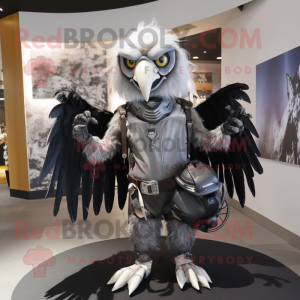 Silver Harpy mascot costume character dressed with a Biker Jacket and Messenger bags