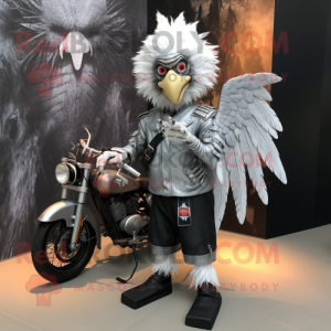 Silver Harpy mascot costume character dressed with a Biker Jacket and Messenger bags