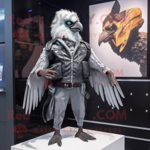 Silver Harpy mascot costume character dressed with a Biker Jacket and Messenger bags