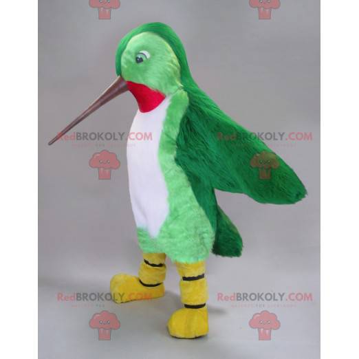 Hummingbird mascot green white and red with a long beak -