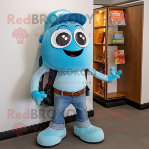 Turquoise Ghost mascot costume character dressed with a Flare Jeans and Backpacks