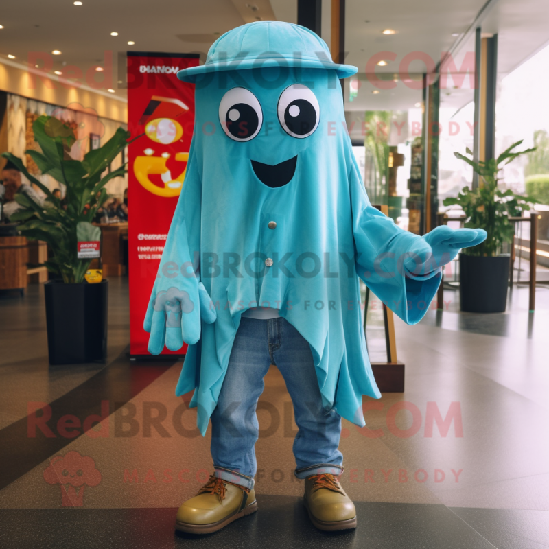 Turquoise Ghost mascot costume character dressed with a Flare Jeans and Backpacks Turquoise Ghost mascot costume character dressed with a Flare Jeans and Backpacks