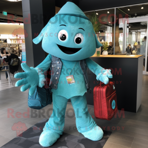 Turquoise Ghost mascot costume character dressed with a Flare Jeans and Backpacks