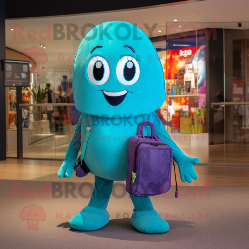 Turquoise Ghost mascot costume character dressed with a Flare Jeans and Backpacks