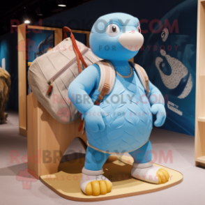 Sky Blue Pangolin mascot costume character dressed with a Board Shorts and Handbags