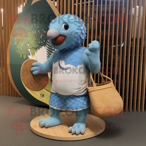 Sky Blue Pangolin mascot costume character dressed with a Board Shorts and Handbags