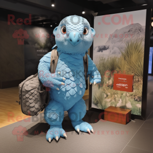 Sky Blue Pangolin mascot costume character dressed with a Board Shorts and Handbags