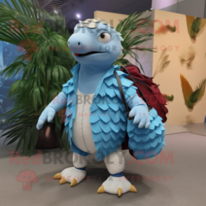 Sky Blue Pangolin mascot costume character dressed with a Board Shorts and Handbags