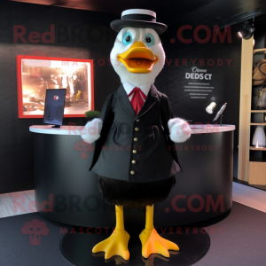 Black Duck mascot costume character dressed with a Pleated Skirt and Lapel pins