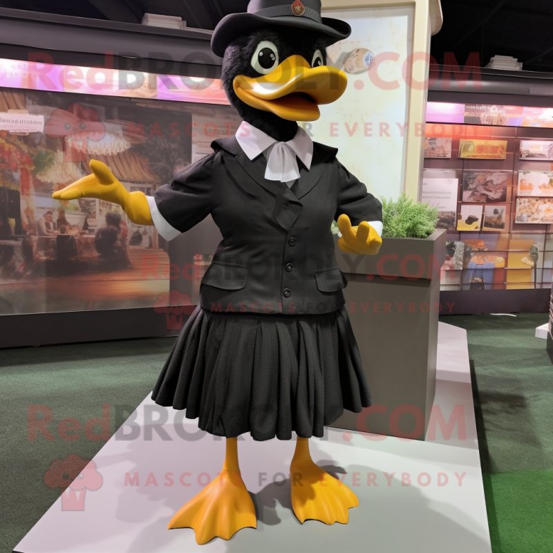 Black Duck mascot costume character dressed with a Pleated Skirt and Lapel pins