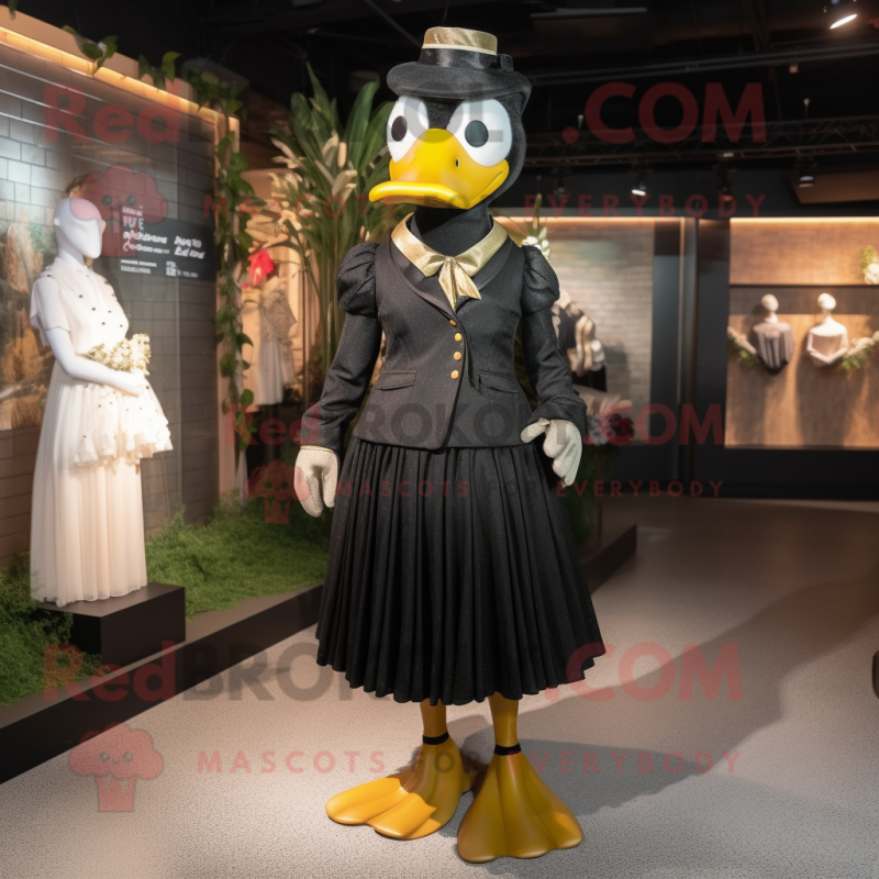 Black Duck mascot costume character dressed with a Pleated Skirt and Lapel pins