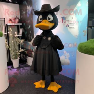 Black Duck mascot costume character dressed with a Pleated Skirt and Lapel pins