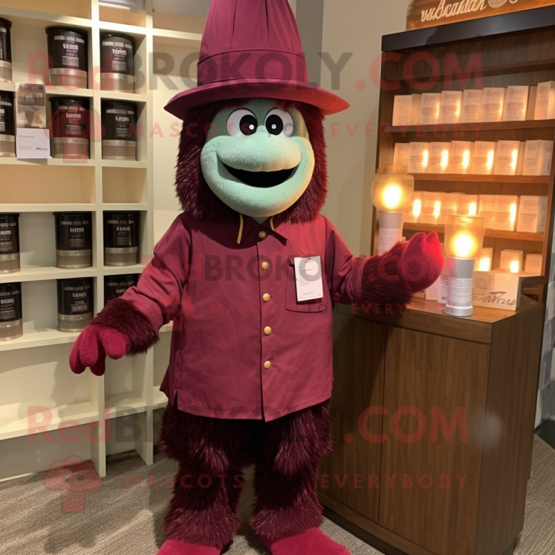 Maroon Scented Candle mascot costume character dressed with a Corduroy Pants and Hats