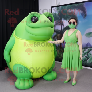 Lime Green Glyptodon mascot costume character dressed with a Midi Dress and Sunglasses