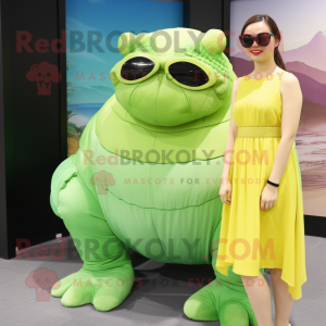 Lime Green Glyptodon mascot costume character dressed with a Midi Dress and Sunglasses