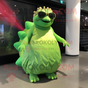 Lime Green Glyptodon mascot costume character dressed with a Midi Dress and Sunglasses
