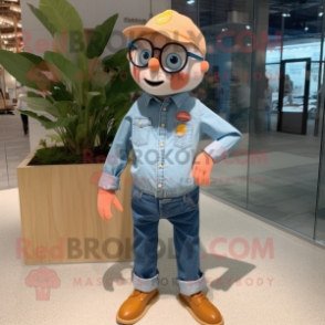 Peach Bracelet mascot costume character dressed with a Chambray Shirt and Eyeglasses
