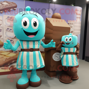 Turquoise Chocolate Bars mascot costume character dressed with a Shift Dress and Watches