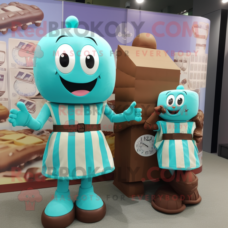Turquoise Chocolate Bars mascot costume character dressed with a Shift Dress and Watches Turquoise Chocolate Bars mascot costume character dressed with a Shift Dress and Watches