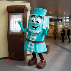 Turquoise Chocolate Bars mascot costume character dressed with a Shift Dress and Watches